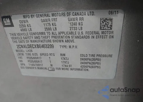 2011 Chevrolet Equinox 1Lt from USA, damaged, VIN 2CNALDECXB6463209